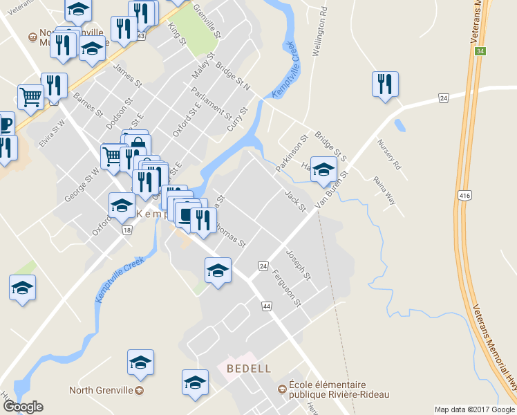 map of restaurants, bars, coffee shops, grocery stores, and more near 11 Victoria Avenue in Kemptville