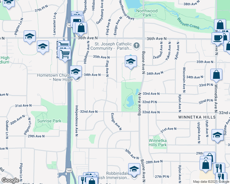 map of restaurants, bars, coffee shops, grocery stores, and more near 3236 Ensign Court North in Minneapolis