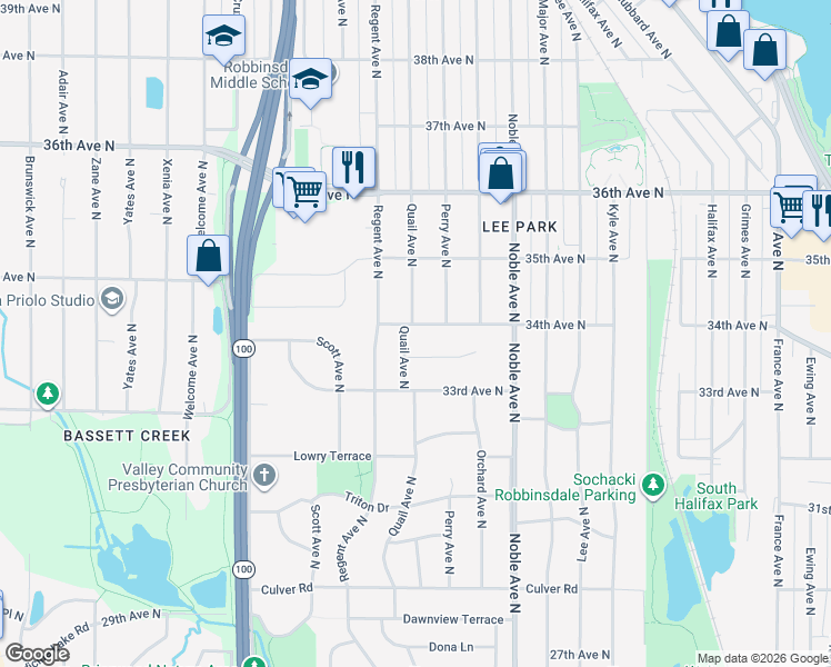 map of restaurants, bars, coffee shops, grocery stores, and more near 5001 34th Avenue North in Minneapolis