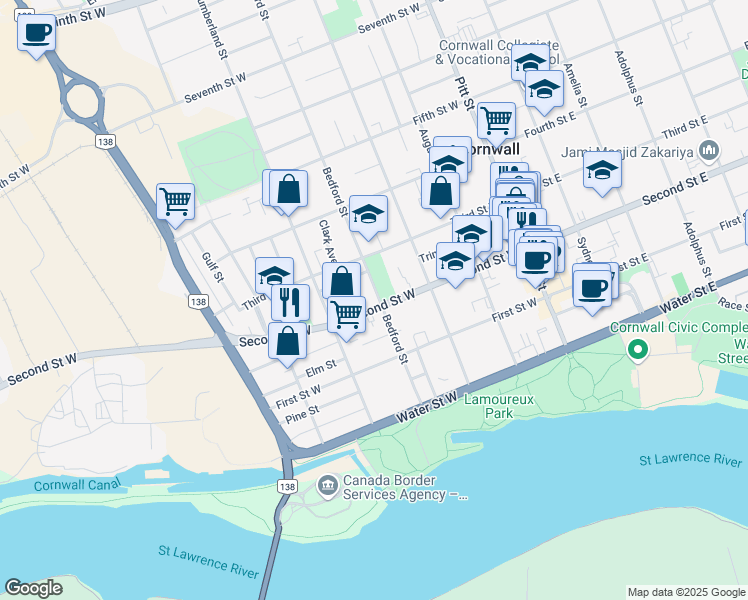 map of restaurants, bars, coffee shops, grocery stores, and more near 303 Second Street West in Cornwall
