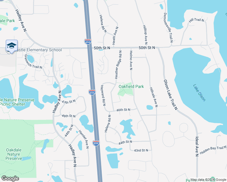 map of restaurants, bars, coffee shops, grocery stores, and more near 4674 Heather Ridge Road North in Oakdale