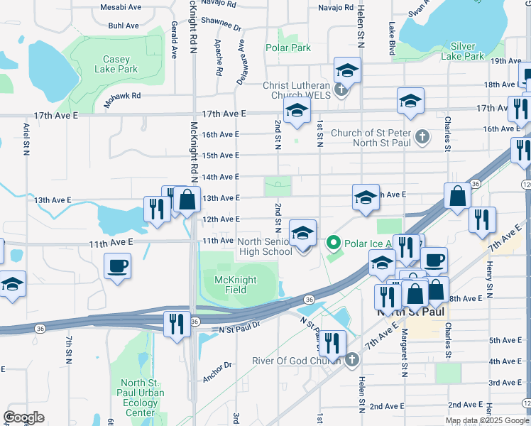 map of restaurants, bars, coffee shops, grocery stores, and more near 2489 2nd Street North in North Saint Paul