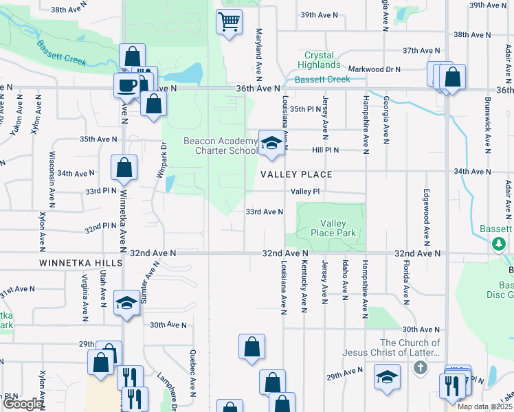 map of restaurants, bars, coffee shops, grocery stores, and more near 7216 33rd Avenue North in Minneapolis
