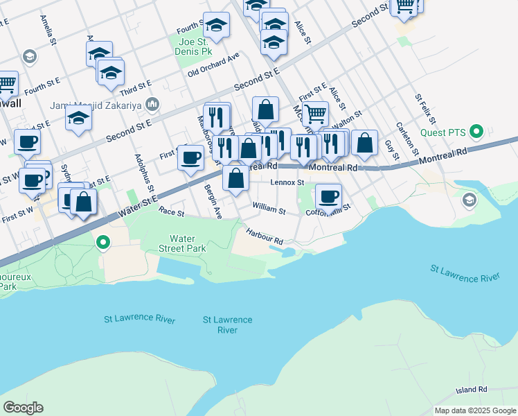 map of restaurants, bars, coffee shops, grocery stores, and more near 31 William Street in Cornwall