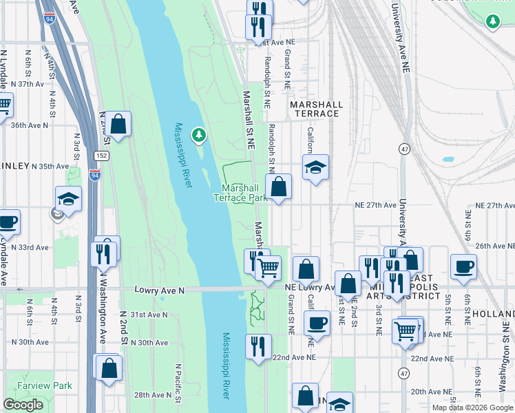 map of restaurants, bars, coffee shops, grocery stores, and more near 2624 Marshall Street Northeast in Minneapolis