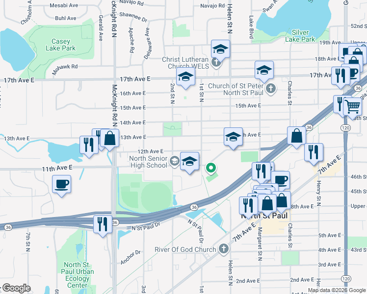 map of restaurants, bars, coffee shops, grocery stores, and more near 2412 12th Avenue East in North Saint Paul
