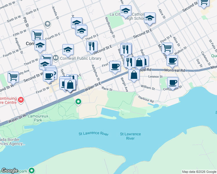 map of restaurants, bars, coffee shops, grocery stores, and more near 85 Race Street in Cornwall
