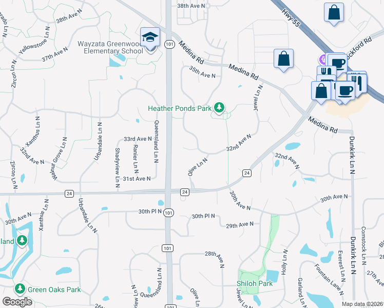 map of restaurants, bars, coffee shops, grocery stores, and more near 17785 32nd Place North in Minneapolis