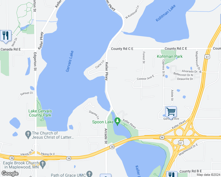 map of restaurants, bars, coffee shops, grocery stores, and more near 2508 Keller Parkway in Saint Paul