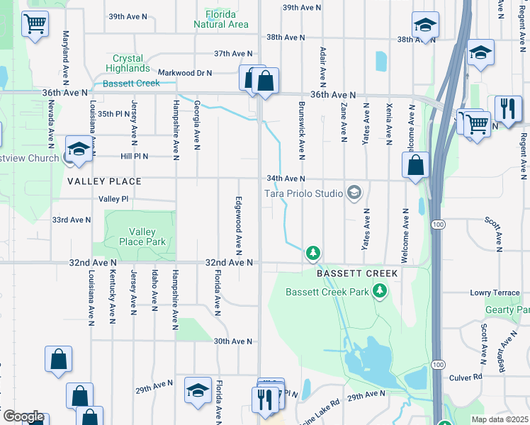 map of restaurants, bars, coffee shops, grocery stores, and more near 3310 Douglas Drive North in Crystal