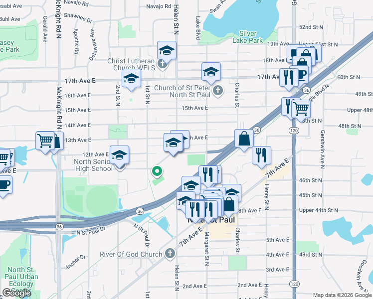 map of restaurants, bars, coffee shops, grocery stores, and more near 2521 12th Avenue East in North Saint Paul