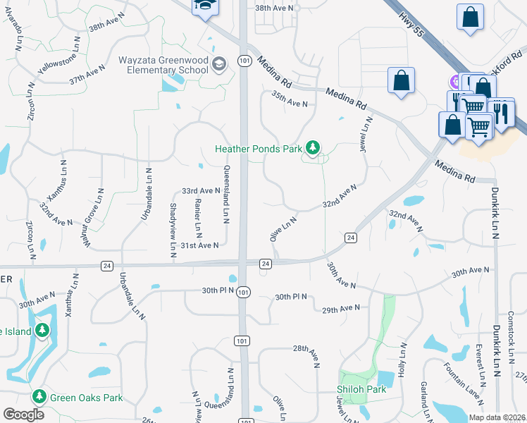 map of restaurants, bars, coffee shops, grocery stores, and more near 17785 32nd Place North in Minneapolis