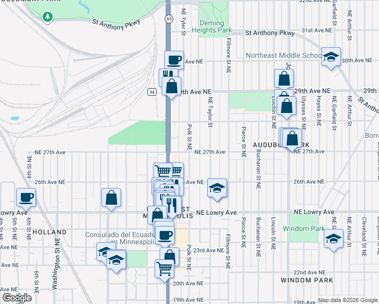 map of restaurants, bars, coffee shops, grocery stores, and more near NE Polk St & NE 27th Ave in Minneapolis