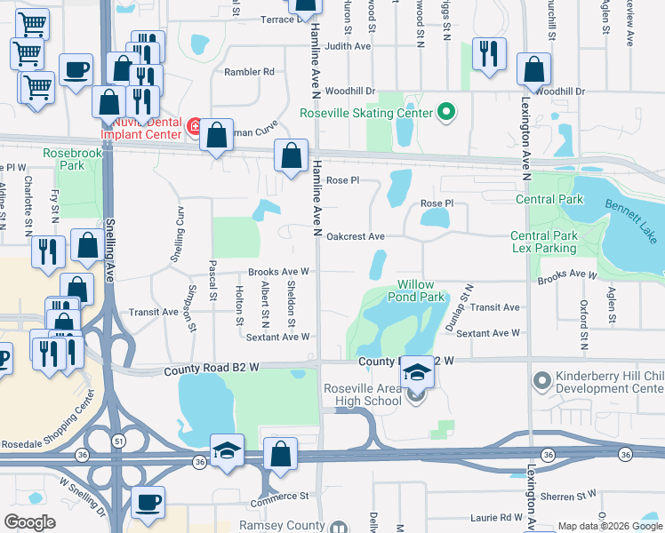 map of restaurants, bars, coffee shops, grocery stores, and more near 1332 Willow Circle in Roseville