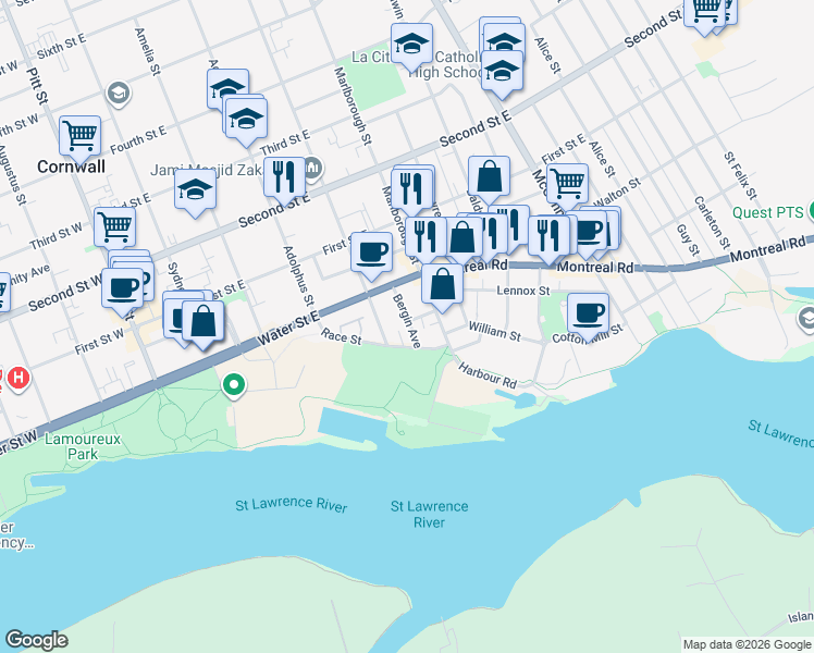 map of restaurants, bars, coffee shops, grocery stores, and more near 26 A Bergin Avenue in Cornwall