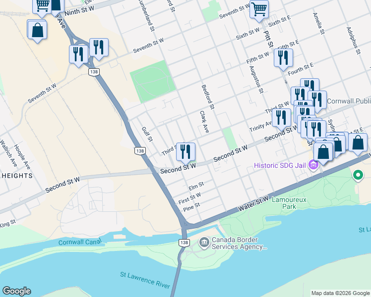 map of restaurants, bars, coffee shops, grocery stores, and more near 420 Third Street West in Cornwall