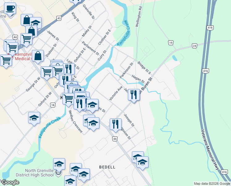 map of restaurants, bars, coffee shops, grocery stores, and more near Victoria Avenue in Kemptville