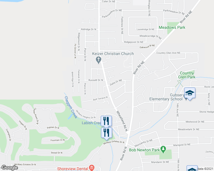 map of restaurants, bars, coffee shops, grocery stores, and more near Wheatland Rd N & Delta Ct N in Keizer