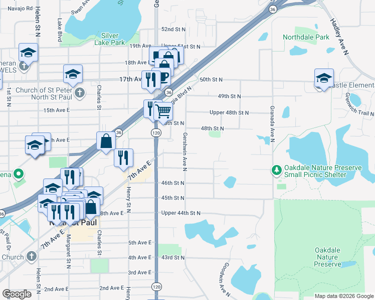 map of restaurants, bars, coffee shops, grocery stores, and more near 4675 Gershwin Avenue North in Oakdale