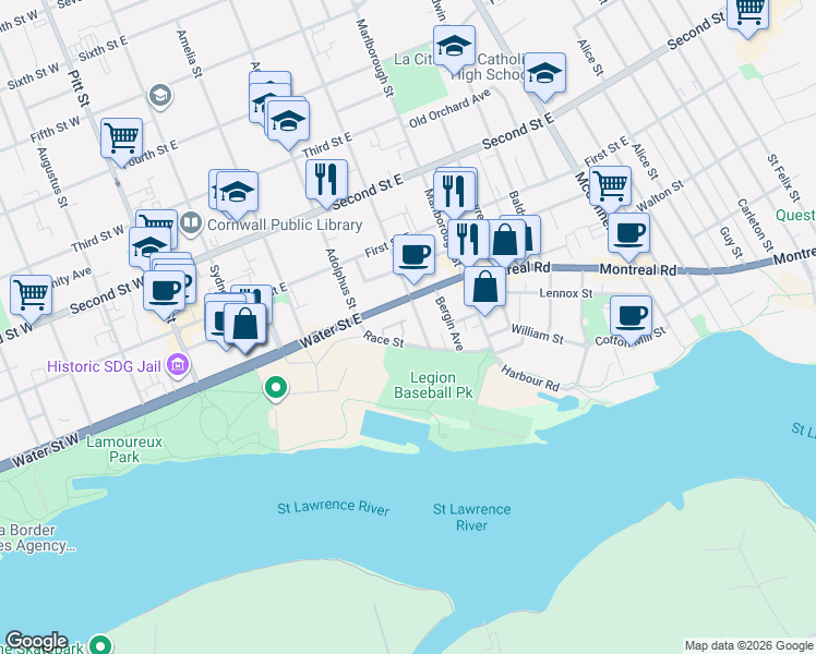 map of restaurants, bars, coffee shops, grocery stores, and more near 65 Race Street in Cornwall