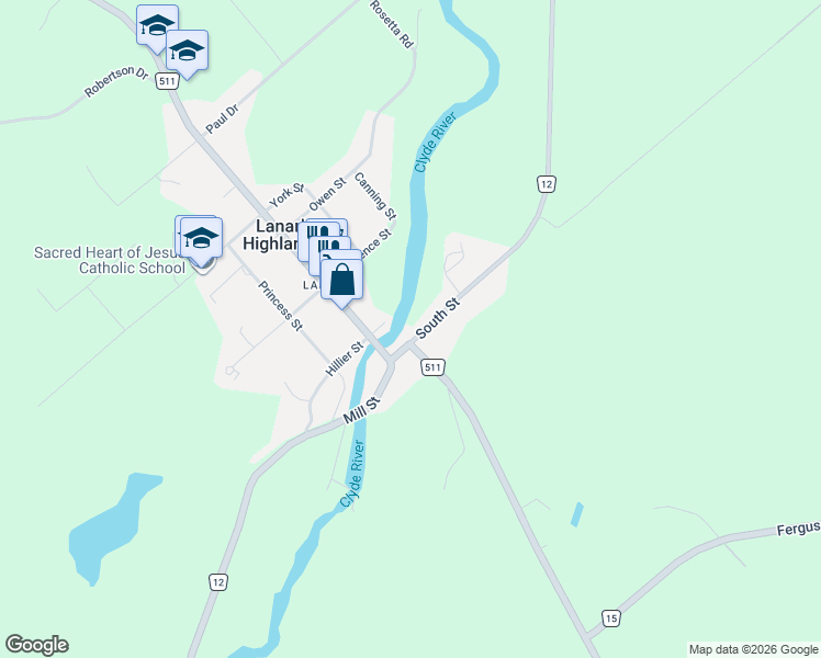 map of restaurants, bars, coffee shops, grocery stores, and more near 98 Mill Street in Lanark