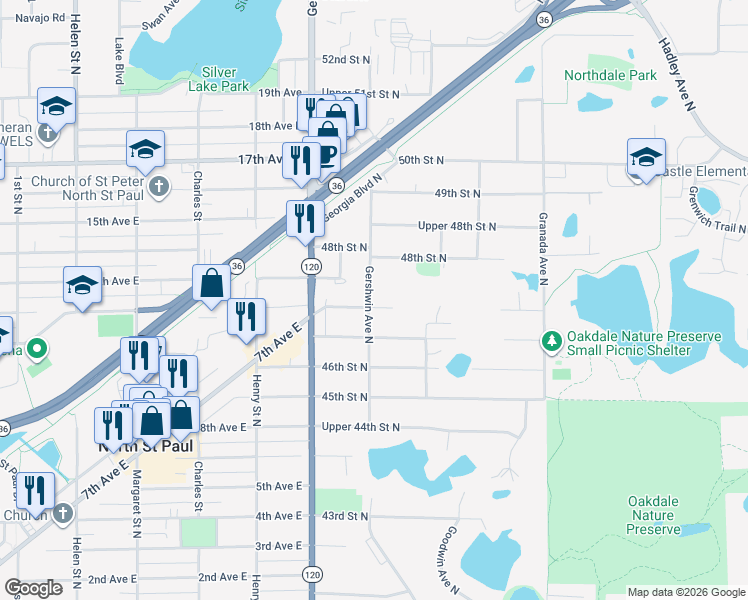 map of restaurants, bars, coffee shops, grocery stores, and more near 4675 Gershwin Avenue North in Oakdale