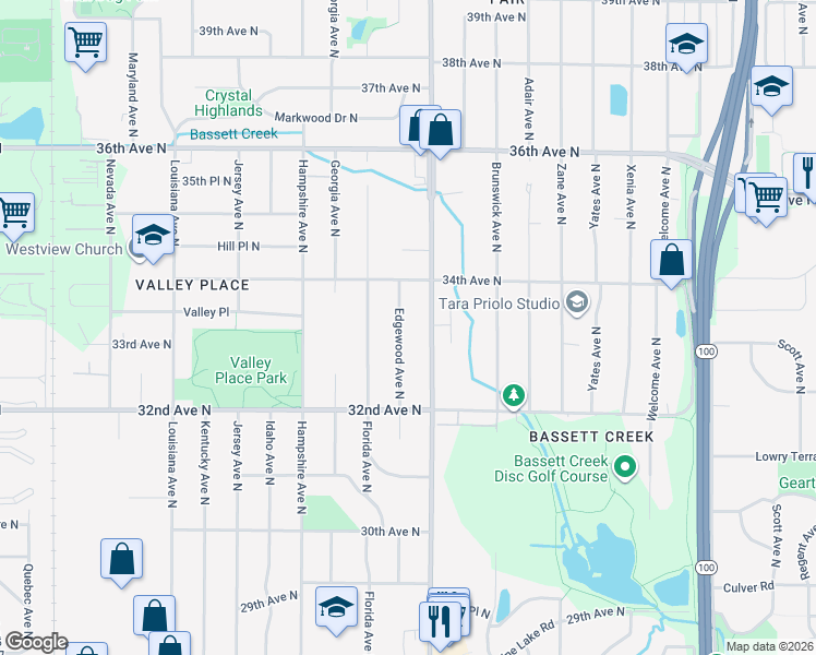map of restaurants, bars, coffee shops, grocery stores, and more near 3301 Edgewood Avenue North in Minneapolis