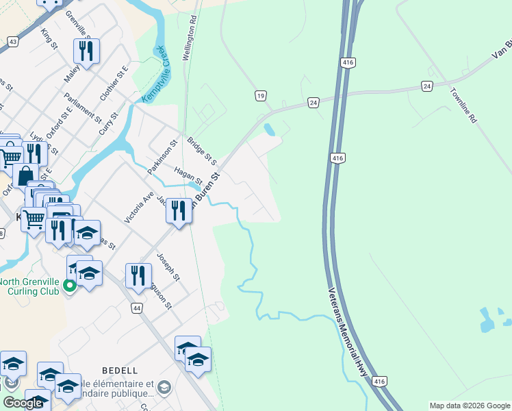 map of restaurants, bars, coffee shops, grocery stores, and more near 104 Templeton Court in Kemptville