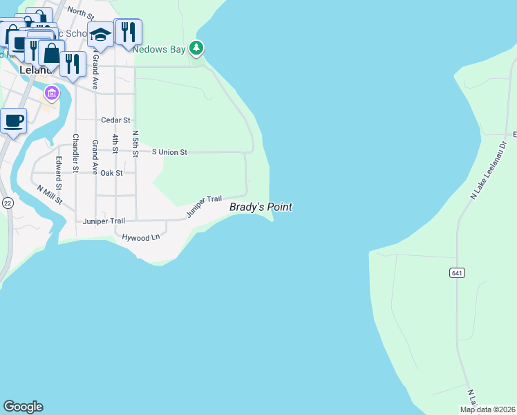 map of restaurants, bars, coffee shops, grocery stores, and more near 190-454 Juniper Trail in Leelanau