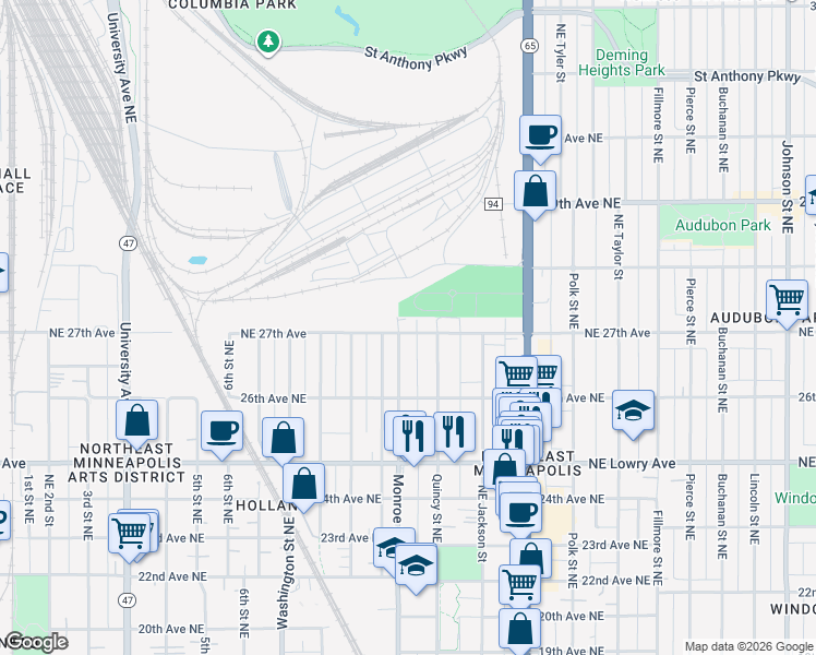 map of restaurants, bars, coffee shops, grocery stores, and more near 705 Northeast 27th Avenue in Minneapolis