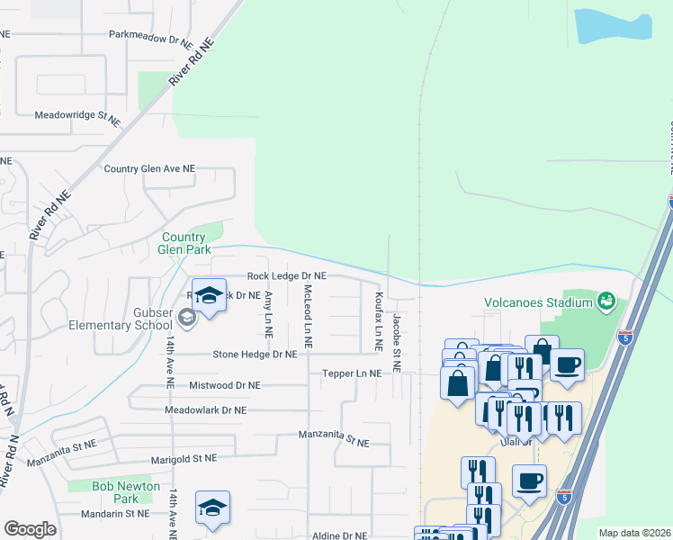map of restaurants, bars, coffee shops, grocery stores, and more near 2114 Rock Ledge Drive Northeast in Keizer