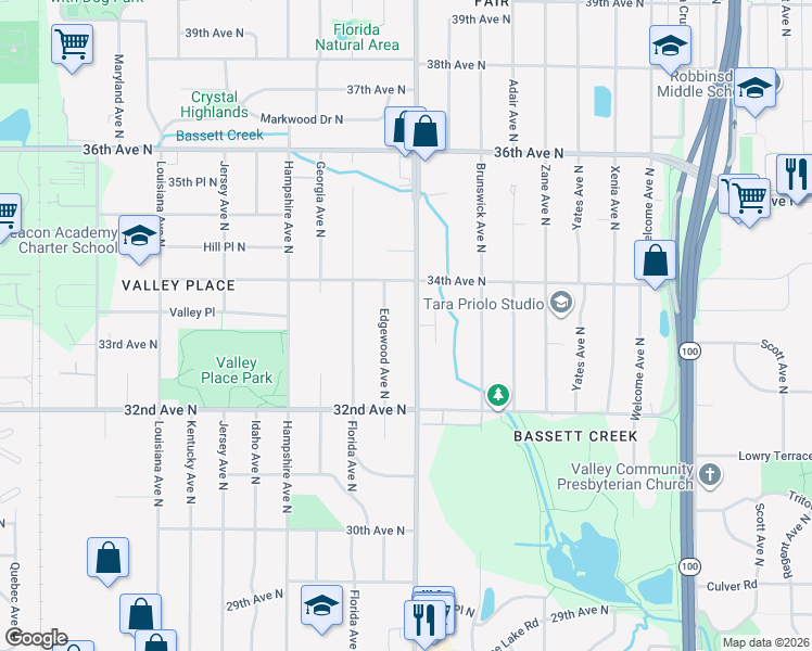 map of restaurants, bars, coffee shops, grocery stores, and more near 3317 Douglas Drive North in Minneapolis