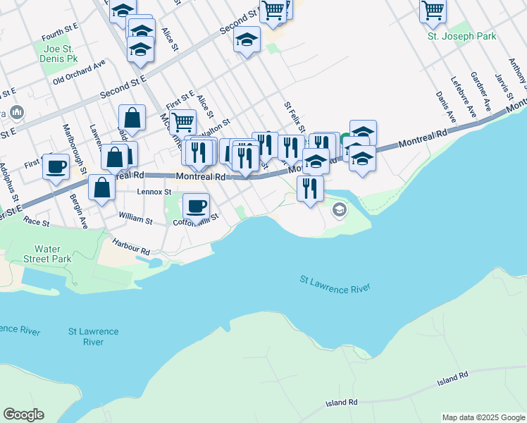 map of restaurants, bars, coffee shops, grocery stores, and more near 3 Alice Street in Cornwall