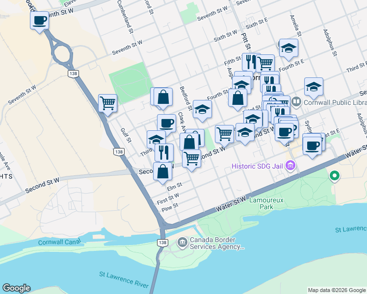 map of restaurants, bars, coffee shops, grocery stores, and more near 36 Timothy Avenue in Cornwall