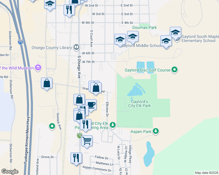 map of restaurants, bars, coffee shops, grocery stores, and more near 120 Grandview Boulevard in Gaylord