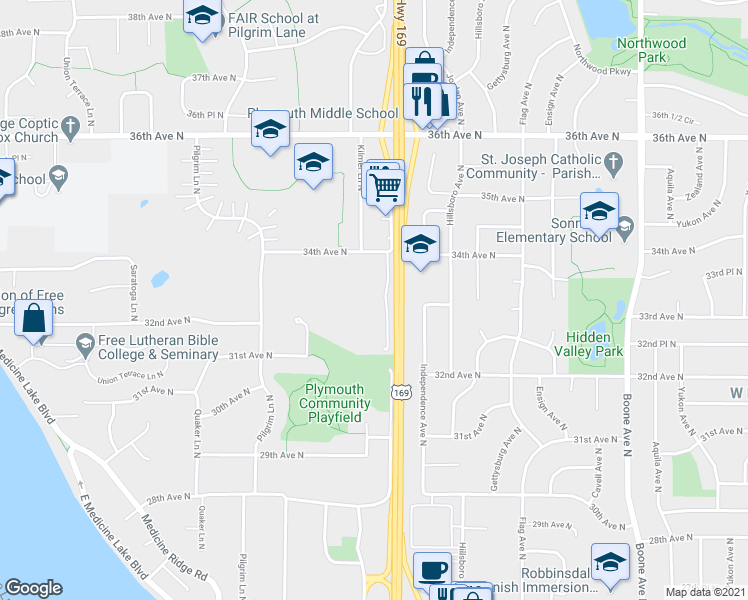 map of restaurants, bars, coffee shops, grocery stores, and more near 3301 Highway 169 in Plymouth