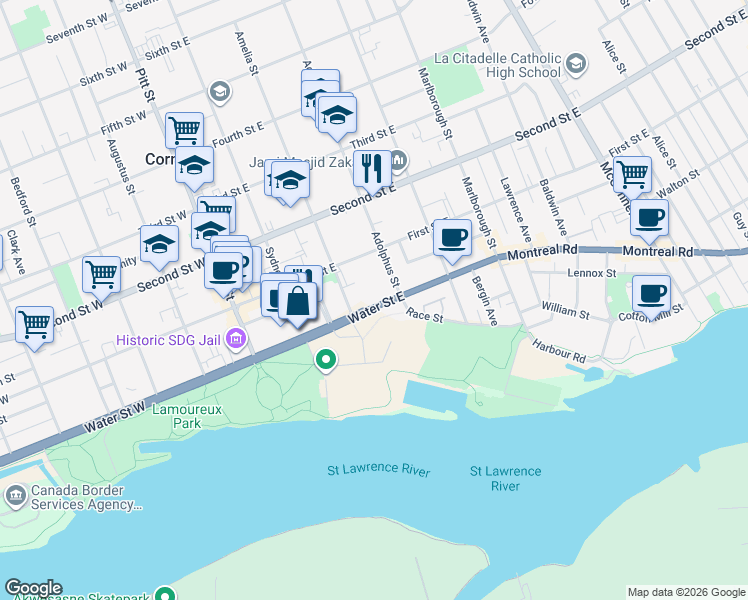 map of restaurants, bars, coffee shops, grocery stores, and more near 11 Amelia Street in Cornwall