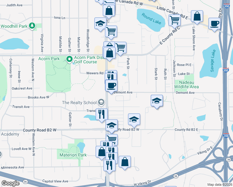 map of restaurants, bars, coffee shops, grocery stores, and more near 2500 Rice Street in Saint Paul