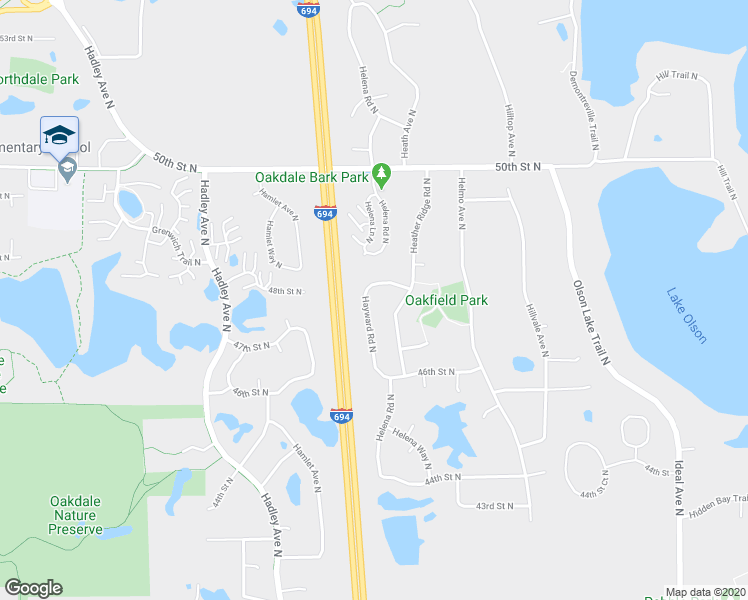 map of restaurants, bars, coffee shops, grocery stores, and more near 4709 Hayward Road North in Oakdale