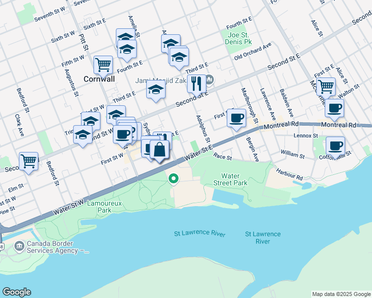 map of restaurants, bars, coffee shops, grocery stores, and more near 11 Amelia Street in Cornwall