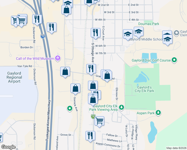 map of restaurants, bars, coffee shops, grocery stores, and more near 304 Grandview Boulevard in Gaylord
