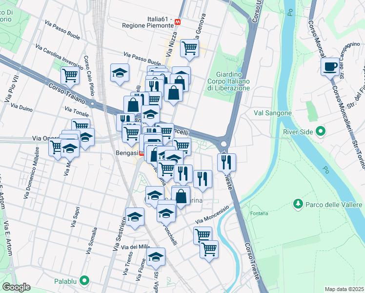 map of restaurants, bars, coffee shops, grocery stores, and more near 42 Via Giacomo Puccini in Moncalieri