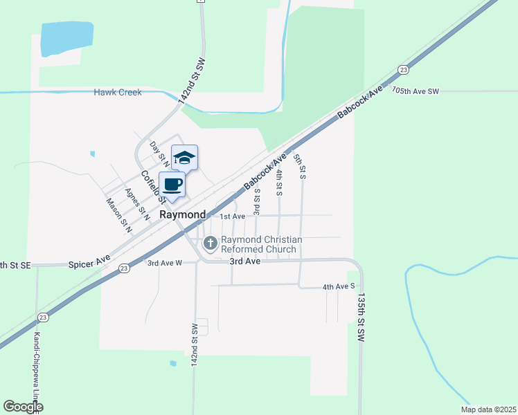 map of restaurants, bars, coffee shops, grocery stores, and more near 202 4th Street South in Raymond