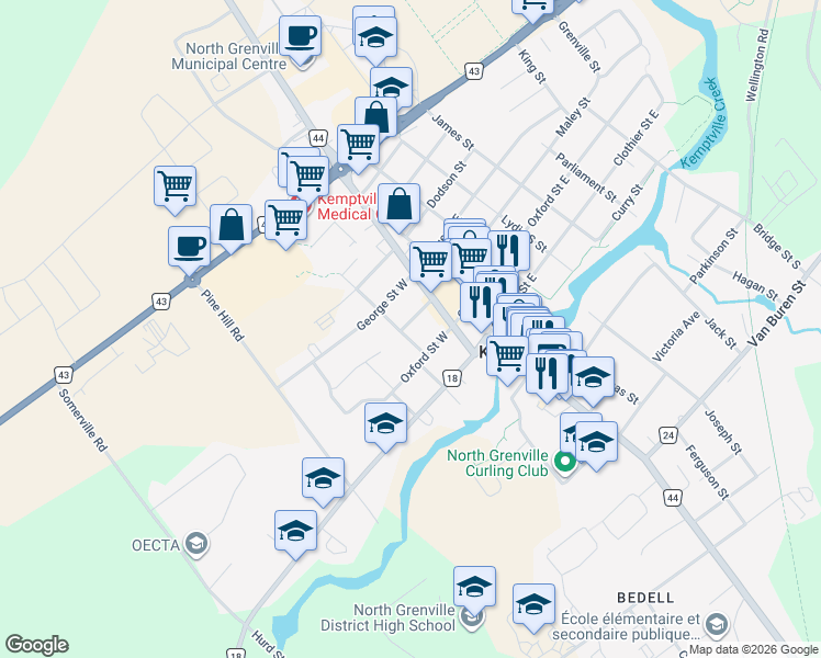 map of restaurants, bars, coffee shops, grocery stores, and more near 19 Oxford Street West in Kemptville