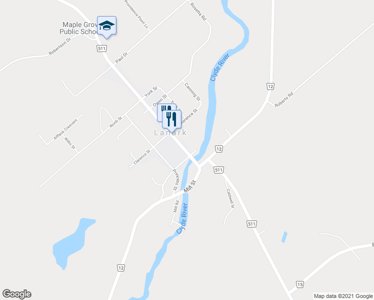 map of restaurants, bars, coffee shops, grocery stores, and more near 51 George Street in Lanark