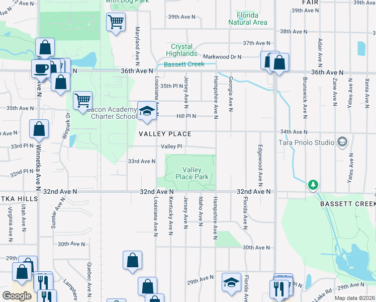 map of restaurants, bars, coffee shops, grocery stores, and more near 6821 Valley Place in Minneapolis