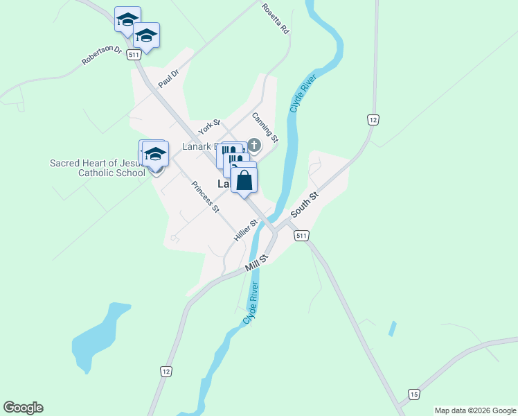 map of restaurants, bars, coffee shops, grocery stores, and more near 51 George Street in Lanark