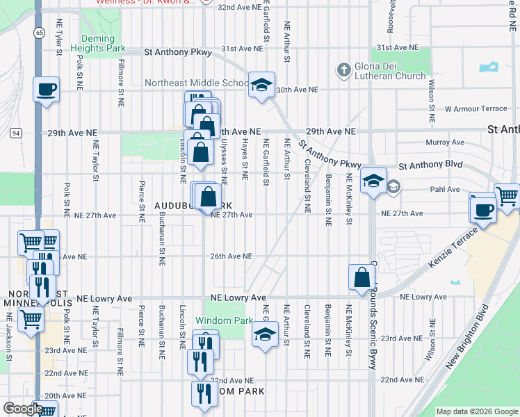 map of restaurants, bars, coffee shops, grocery stores, and more near 2648 Garfield Street in Minneapolis