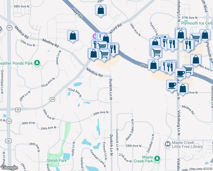 map of restaurants, bars, coffee shops, grocery stores, and more near in Plymouth