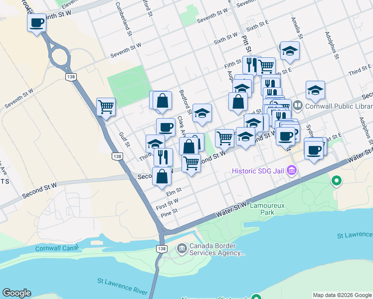 map of restaurants, bars, coffee shops, grocery stores, and more near 36 Timothy Avenue in Cornwall